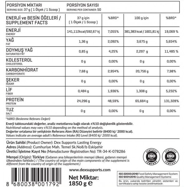 DEX SUPPORTS WHEY PROTEİN 1850 GR